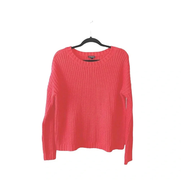 Express Neon Pink Boxy Crop Tight Knit Pullover Sweater Medium Women’s - Picture 1 of 9